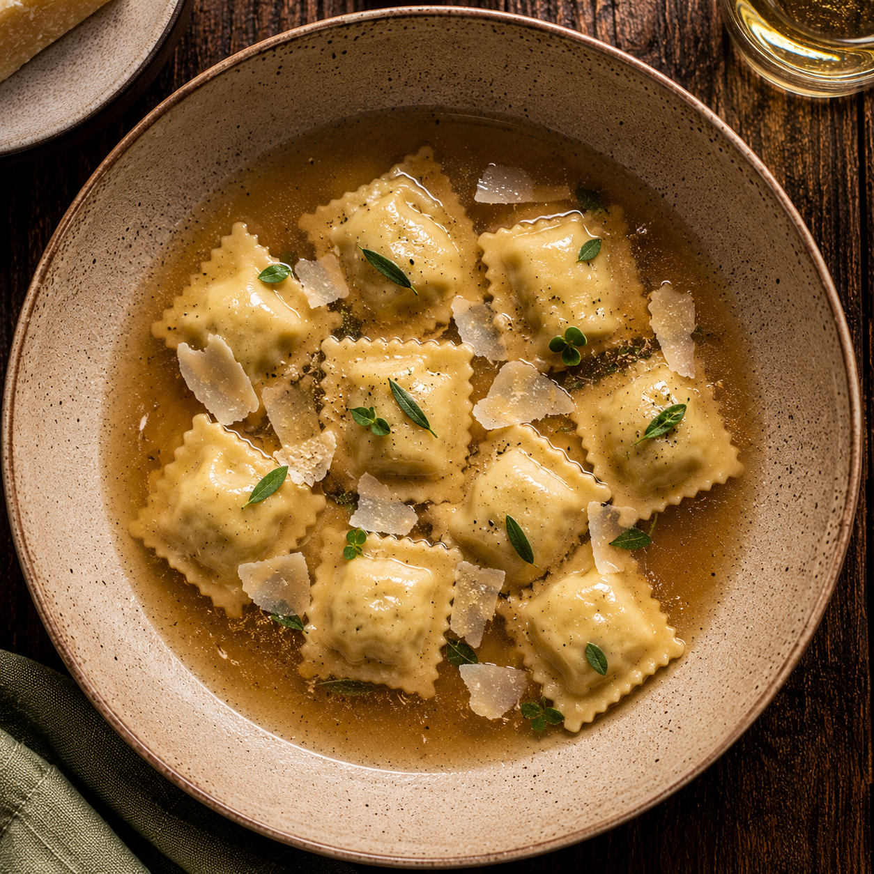 Agnolotti del Plin with Roast Filling, Parmigiano Broth & Sage — Agnolotti del Plin con Arrosto, Brodo di Parmigiano e Salvia