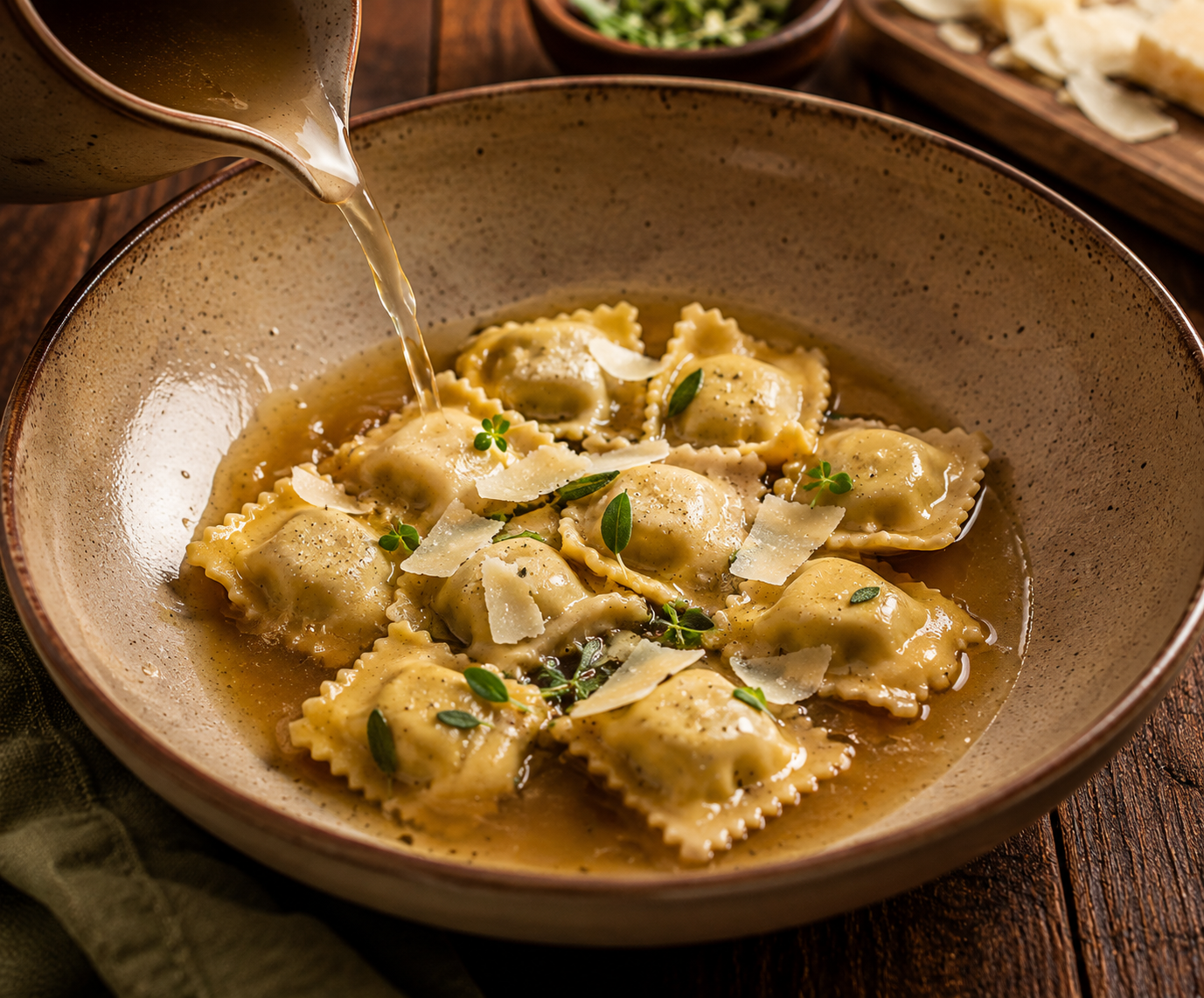 Clear Parmigiano broth being poured around agnolotti del plin in a speckled ceramic bowl