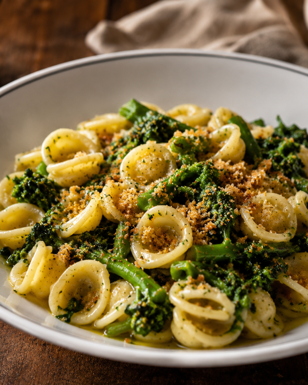 Orecchiette with cime di rapa in a white bowl, scattered with toasted breadcrumbs