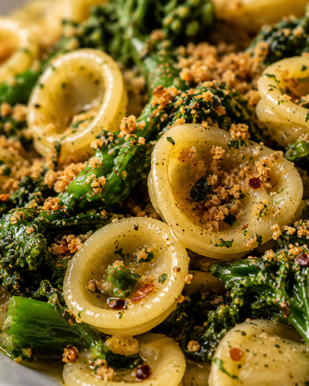 Close-up of orecchiette holding olive oil, chili flakes and mollica crumbs