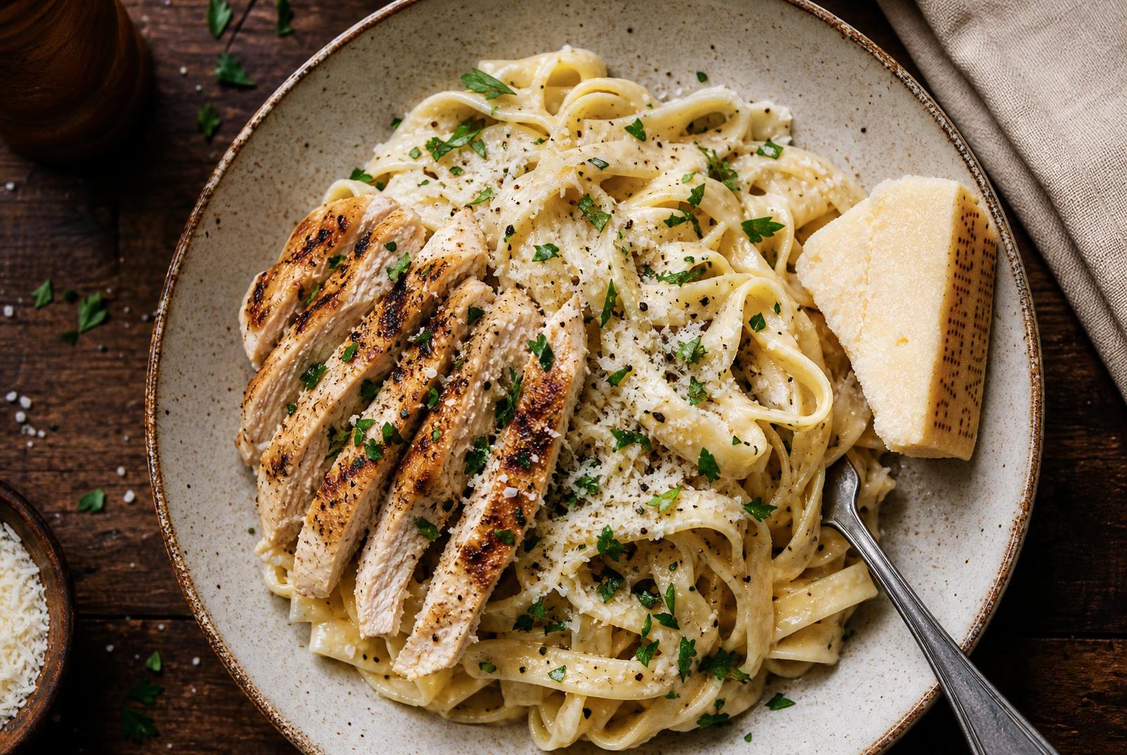 Creamy chicken fettuccine Alfredo with grilled chicken slices, grated Parmigiano Reggiano, fresh parsley, and cracked black pepper in a rustic ceramic bowl